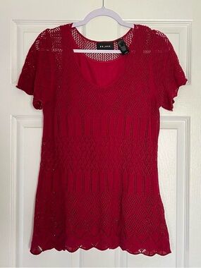 Red woven blouse top with scalloped hem and tank liner